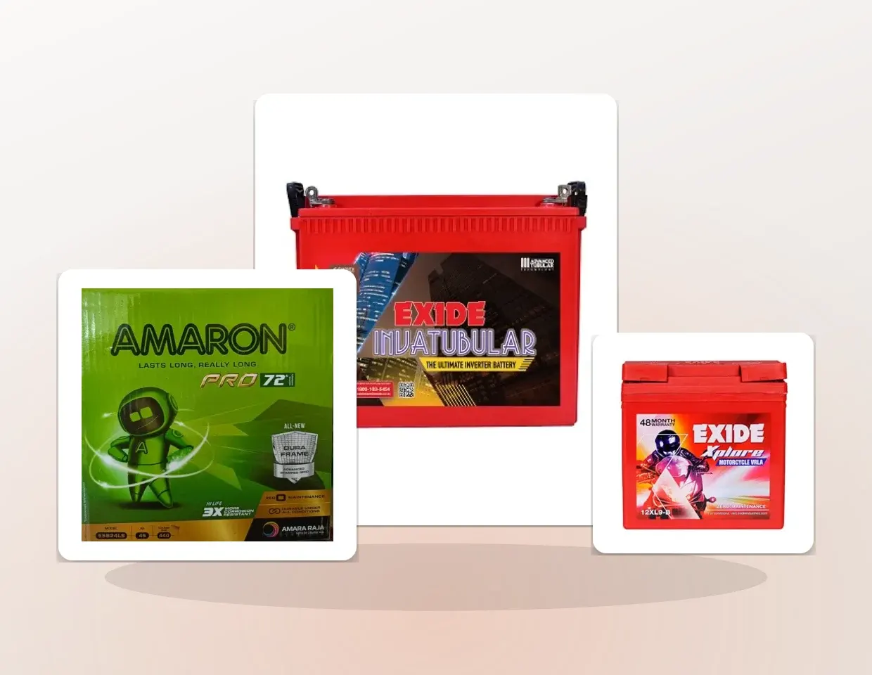 A car battery, a tall tubular inverter battery and a sealed two-wheeler battery